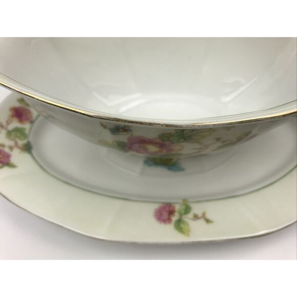 Victoria China Czechoslovakia Gravy Boat With Attached Underplate Pink Roses - Picture 11 of 12